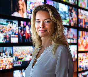 En kvinna framför en vägg av tv-skärmar