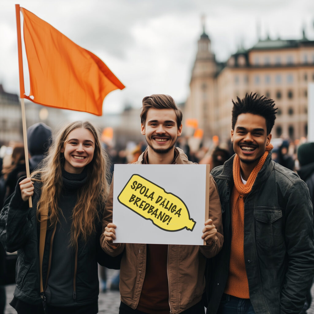 Tre ungdomar protesterar för bättre bredband, en håller en skylt med texten "Spola dåliga bredband"