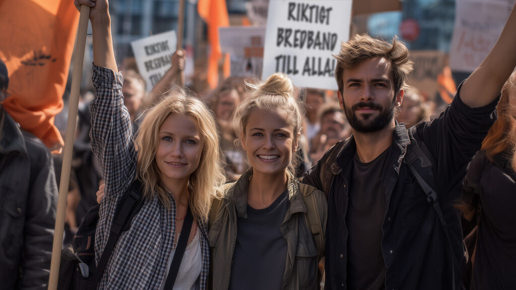 Tre glada människor framför en folkmassa som demonsterar för "Riktigt bredband till alla"
