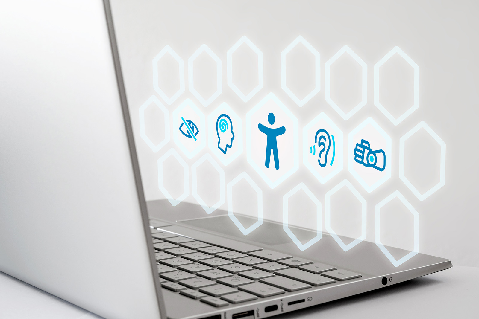 Bild på en dator med symboler för tillgänglighet
